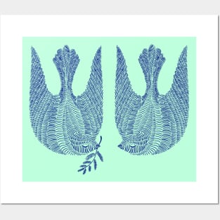 Couple of cute blue peace birds, version 3 Posters and Art